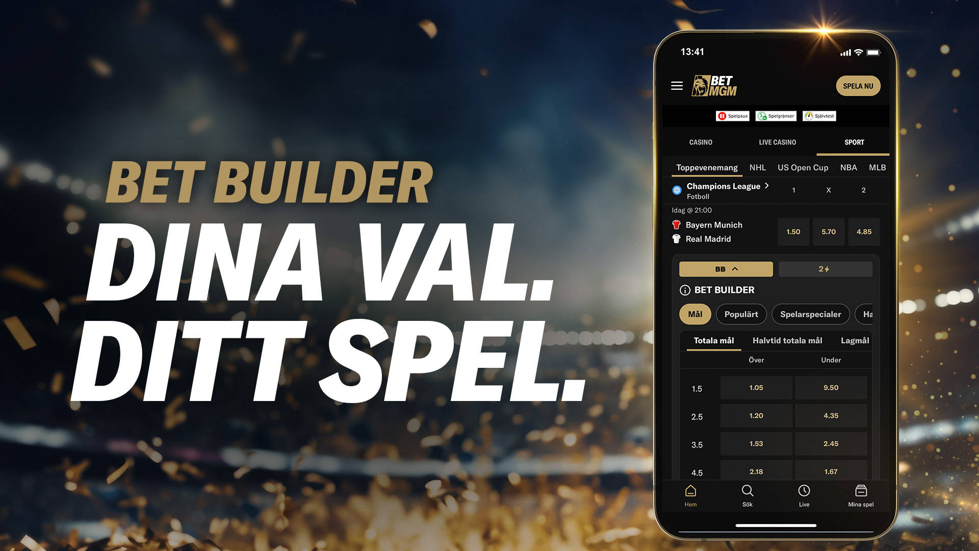 Skärmdump av en mobilapp med Bet Builder-funktion för sportspel.