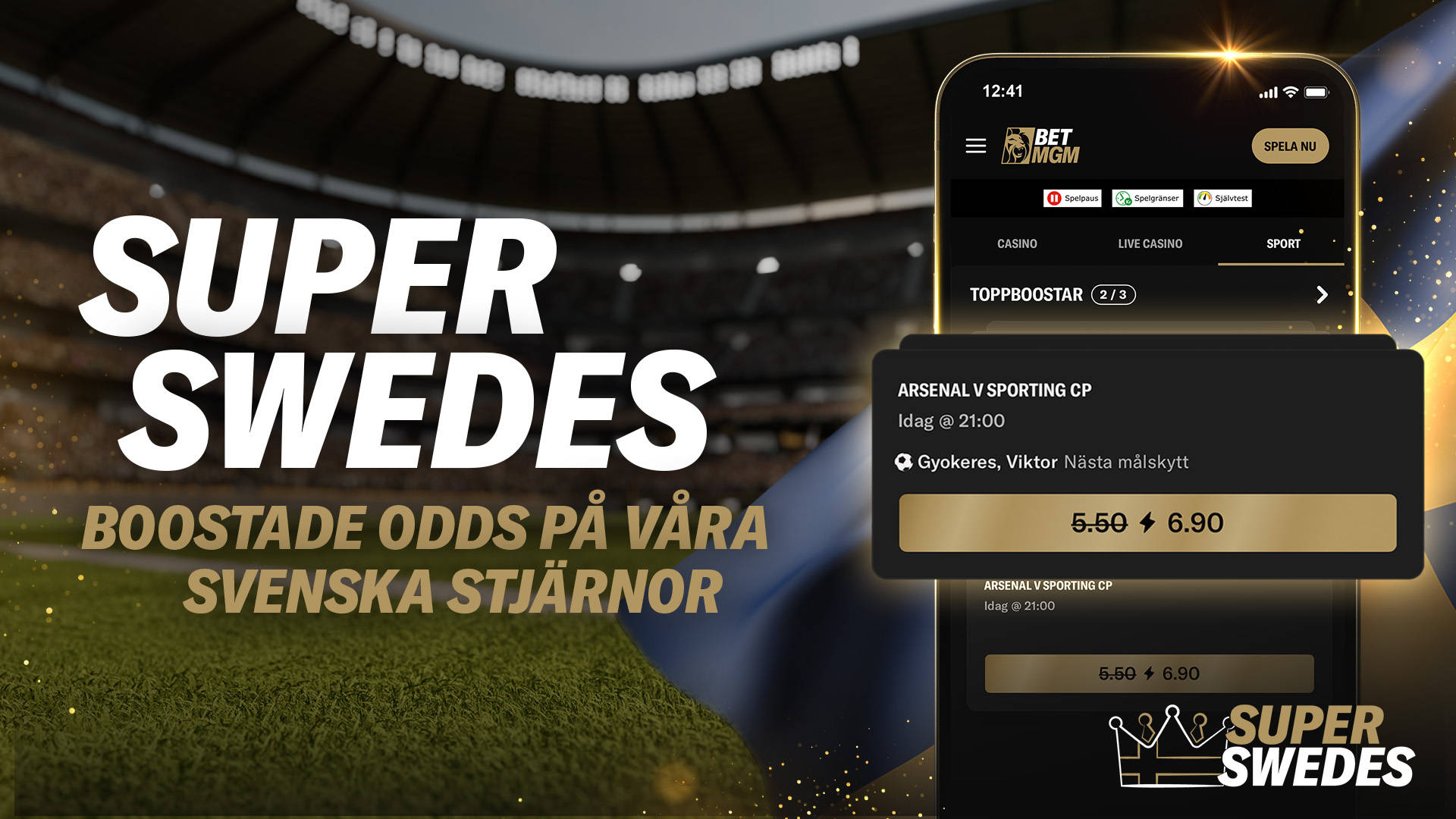 Boostat odds på våra svenska stjärnor visas på en mobil med BetMGM appen.