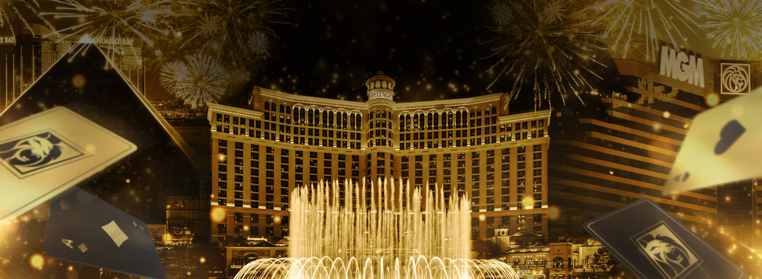 Bellagio hotel and casino in Las Vegas with playing cards and fireworks.