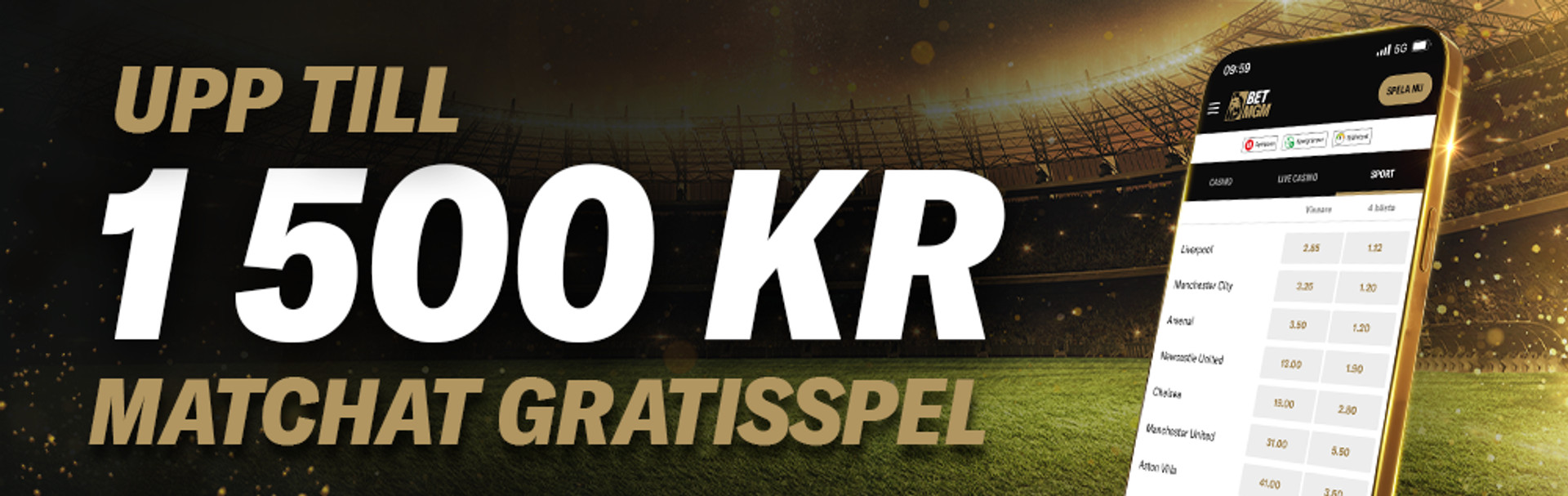 Upp till 1500 kr matchat gratisspel erbjudande på BetMGM sport.