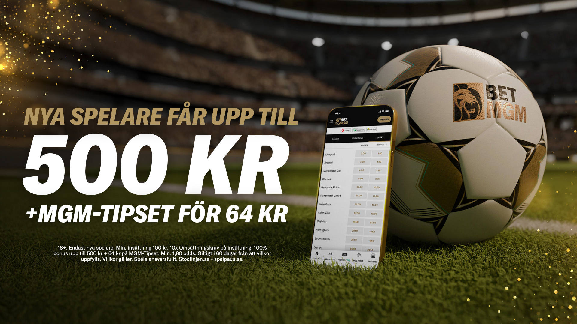 Nya spelare får upp till 500 kr + MGM-Tipset för 64 kr, visas på en mobil med sportodds och en fotboll.