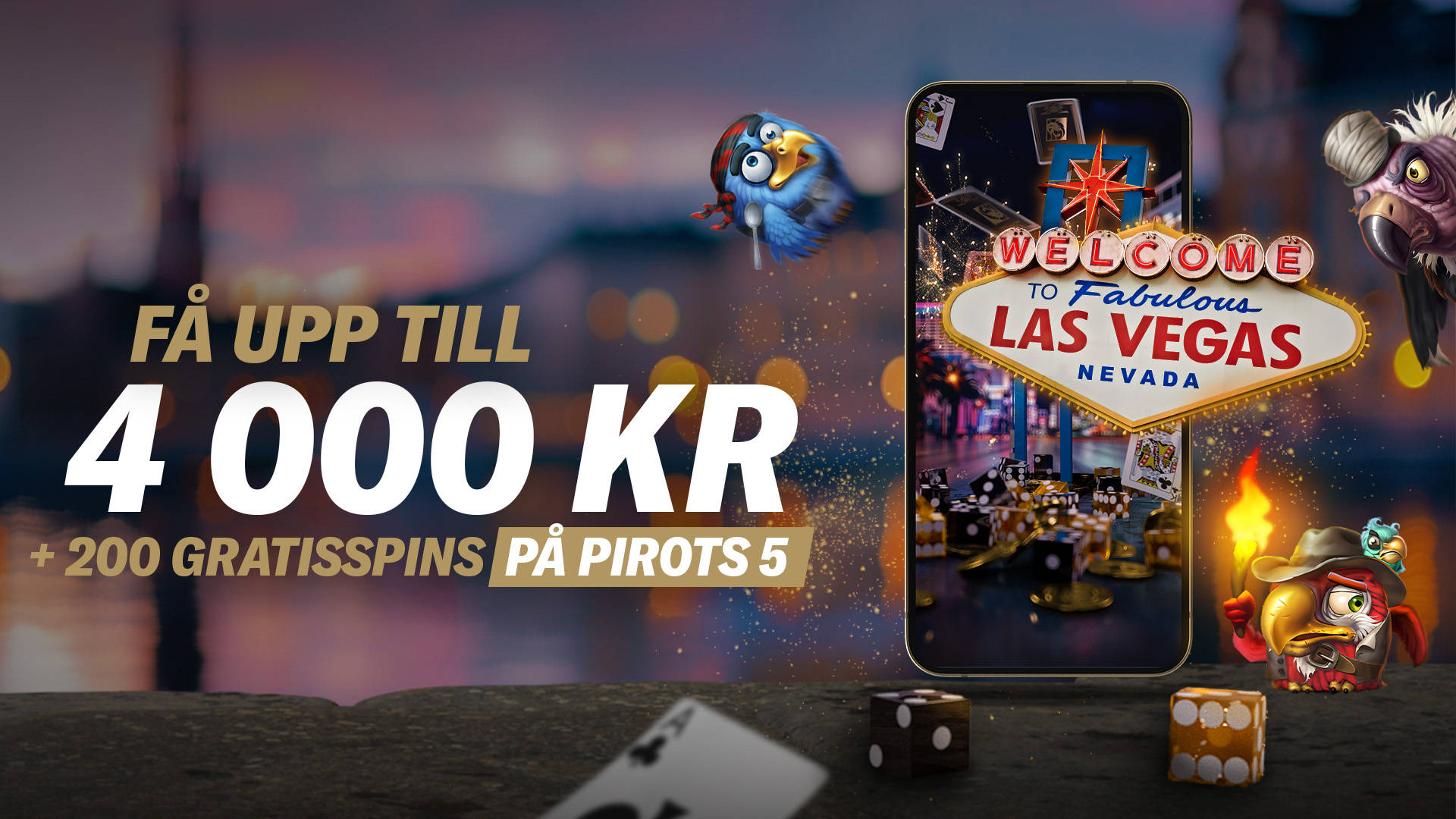 Upp till 4 000 KR + 200 gratisspins på Pirots 5, visas på en mobiltelefon med MGM Exclusives.