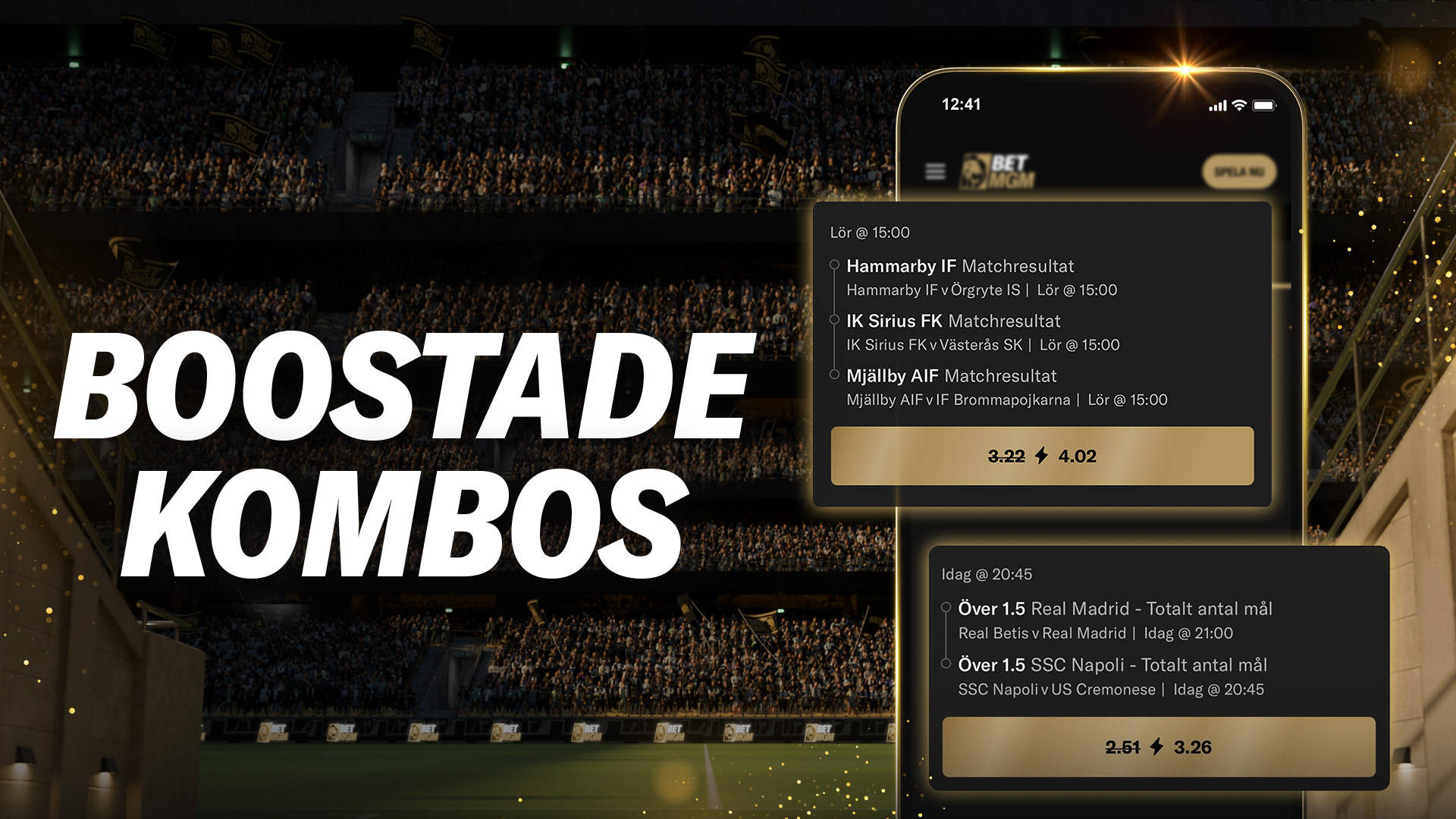 Boostat odds på kombinationsspel visas på en mobilskärm framför en fotbollsstadion.