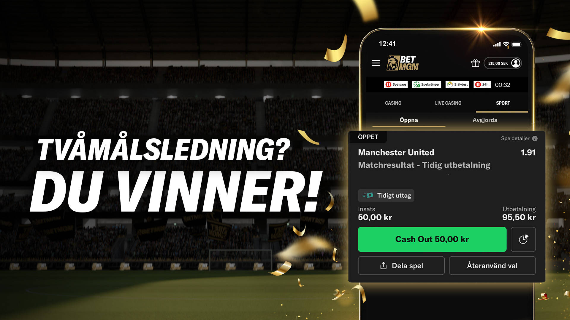 Mobilskärm med sportspel, text: "Tvåmålsledning? Du vinner!" och Cash Out funktion.