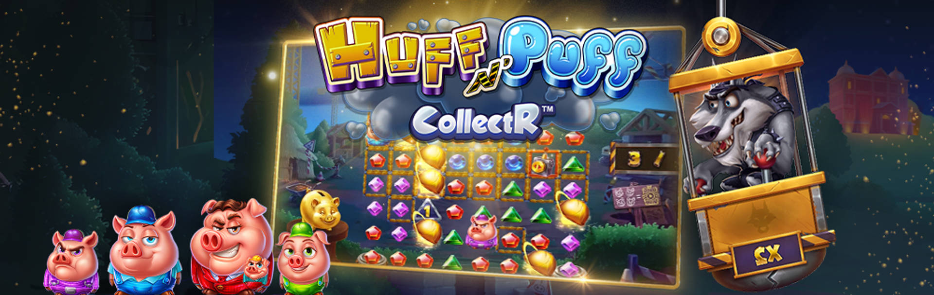 Huff N Puff CollectR spelautomat med grisar och en varg i en hiss.