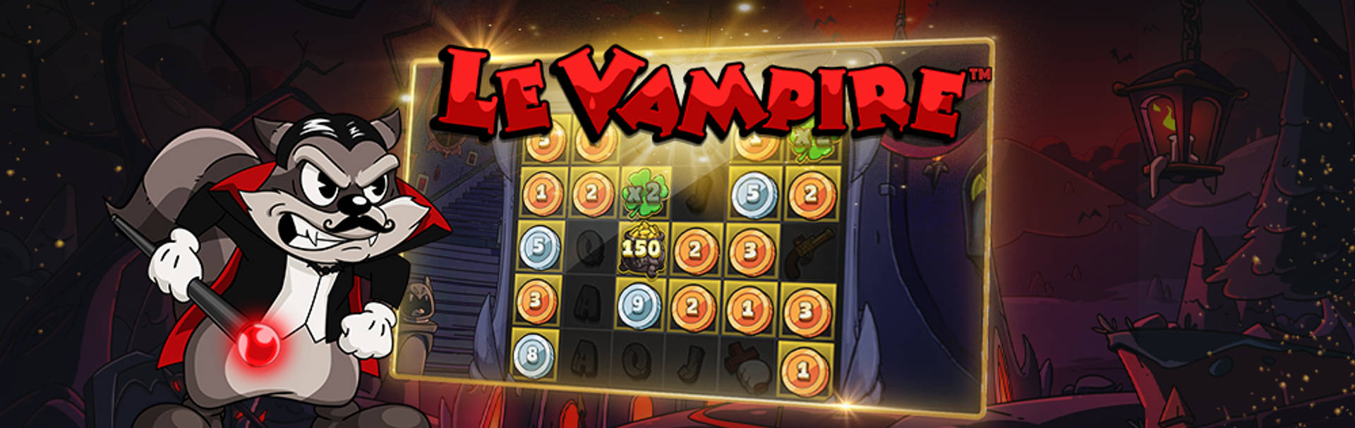 LE VAMPIRE™ spelautomat med en vampyr-tvättbjörn och en spelplan.