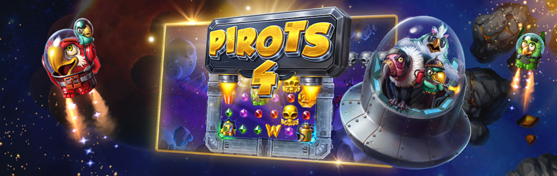 Pirots 4 slotspel med animerade fåglar i rymden.