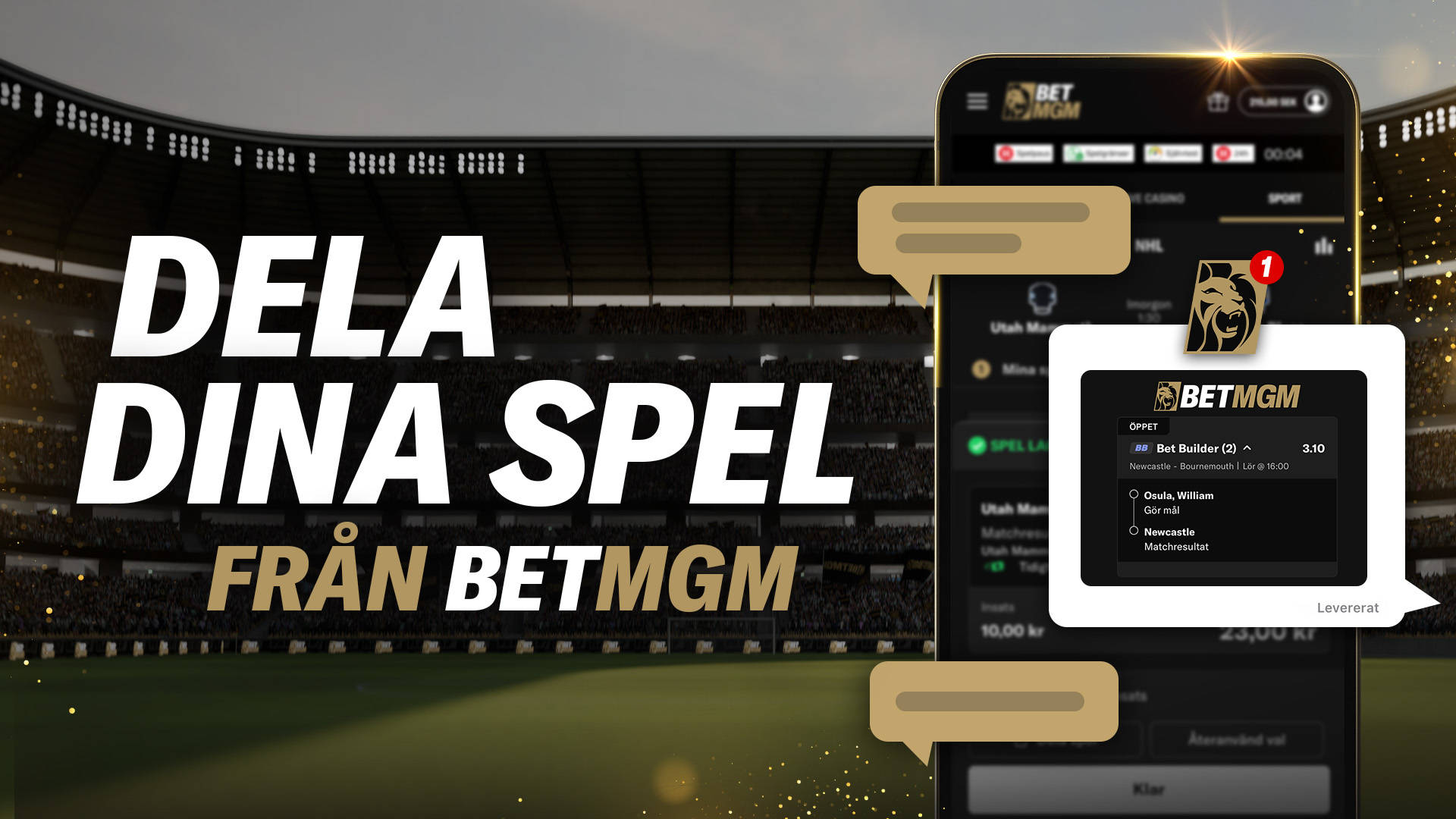 Dela dina spel från BetMGM, med Bet Builder på en mobilskärm.
