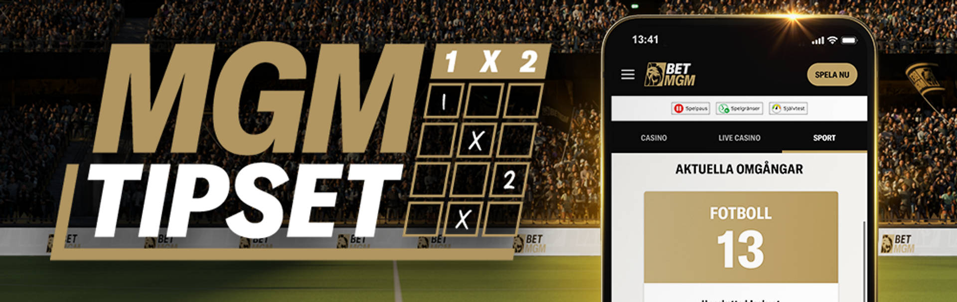 MGM Tipset-kampanj med BetMGM-app som visar aktuella fotbollsmatcher och "Spela nu".