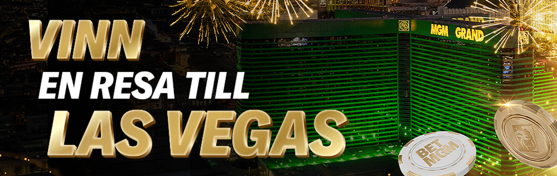 Vinn en resa till Las Vegas. Bakgrund med MGM Grand hotell och casinomarker.