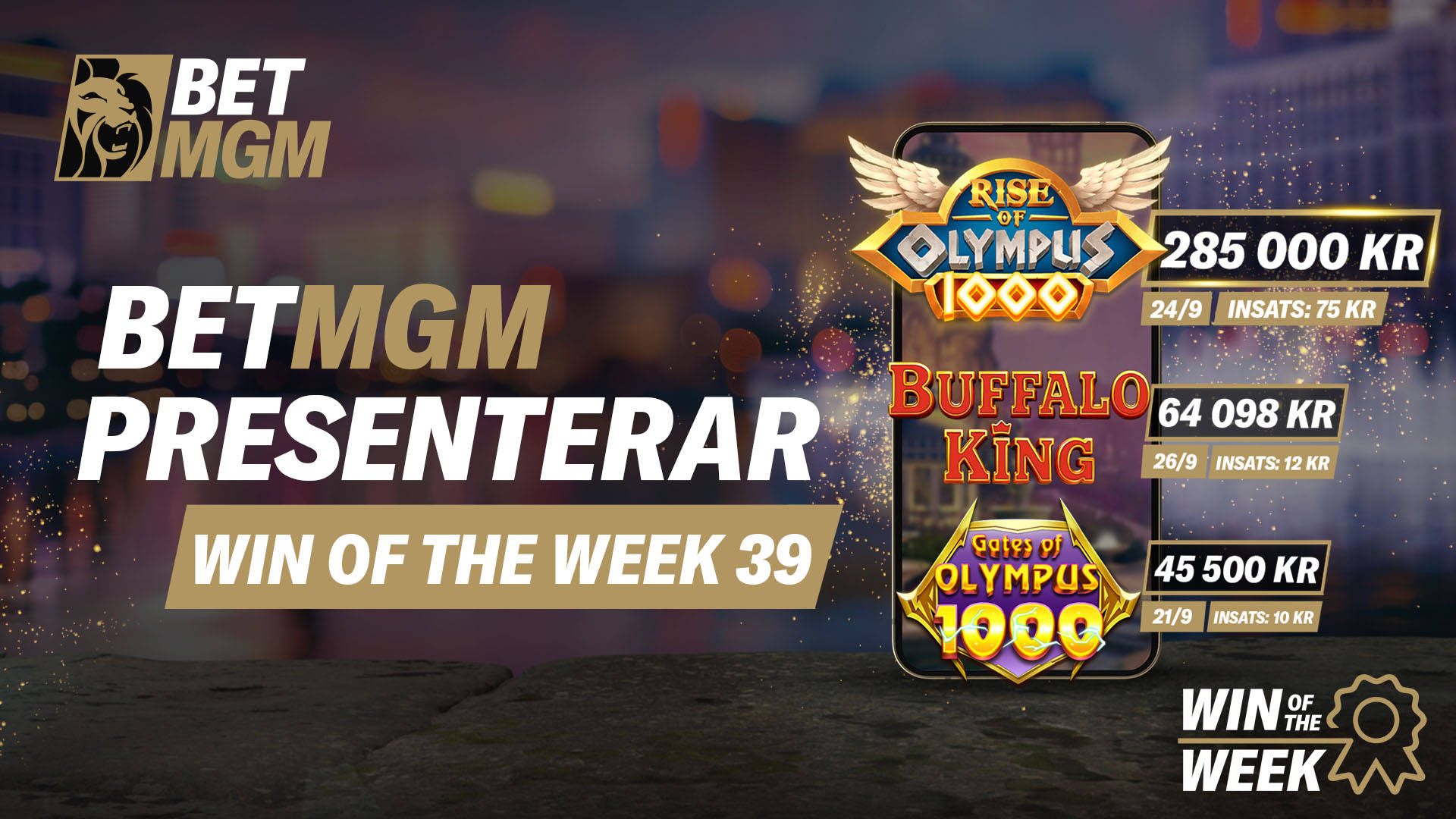 Win of the Week vecka 39 hos BetMGM med slotsen Rise of Olympus 1000, Buffalo King och Gates of Olympus 1000