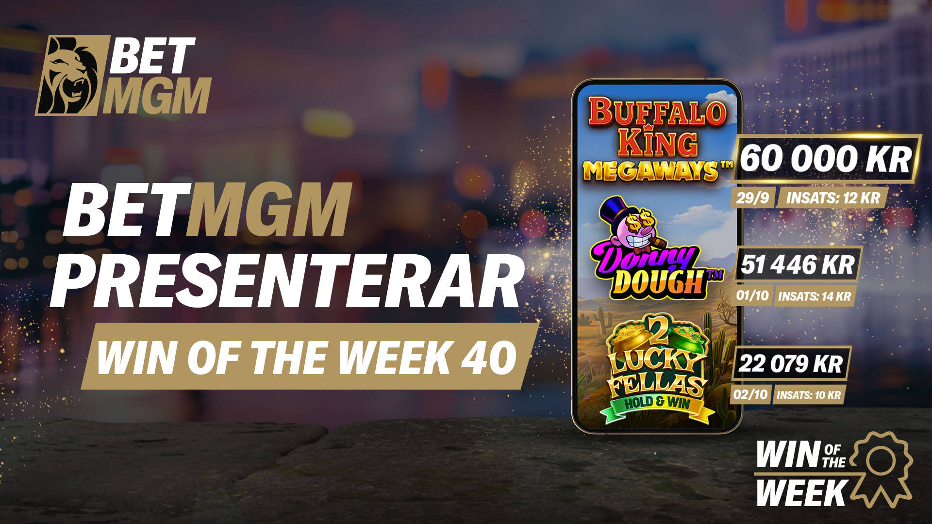 Win of the Week vecka 40 hos BetMGM med slotsen Buffalo King Megaways, Donny Dough och 2 Lucky Fellas Hold & Win