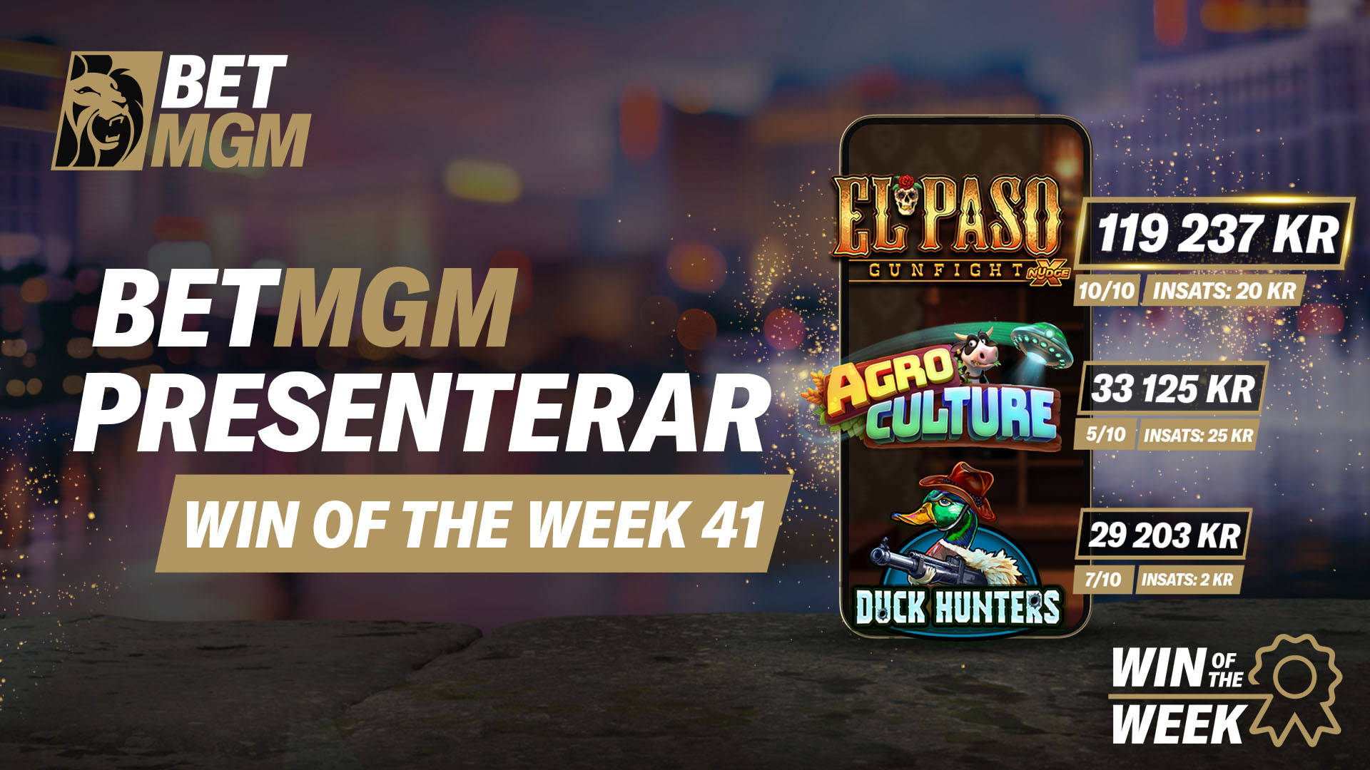 Win of the Week vecka 41 hos BetMGM med slotsen El Paso Gunfight xNudge, AgroCulture och Duck Hunters