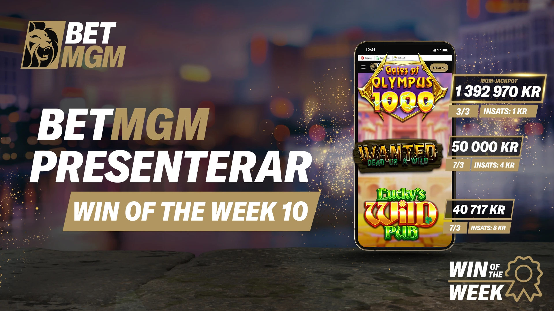 Telefon med tre olika casinovinnare på skärmen. En major vinst på Gates of Olympus 1000, en vinst på Wanted dead or a wild på 50 000 kr och en vinst på Luckys wild pub på 40 717 kr!