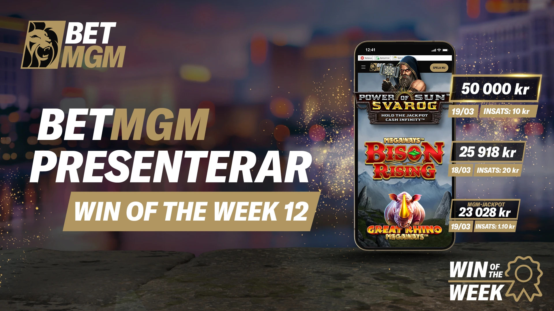 Telefon med bakgrund med olika casinovinster hos BetMGM under vecka 12 2025