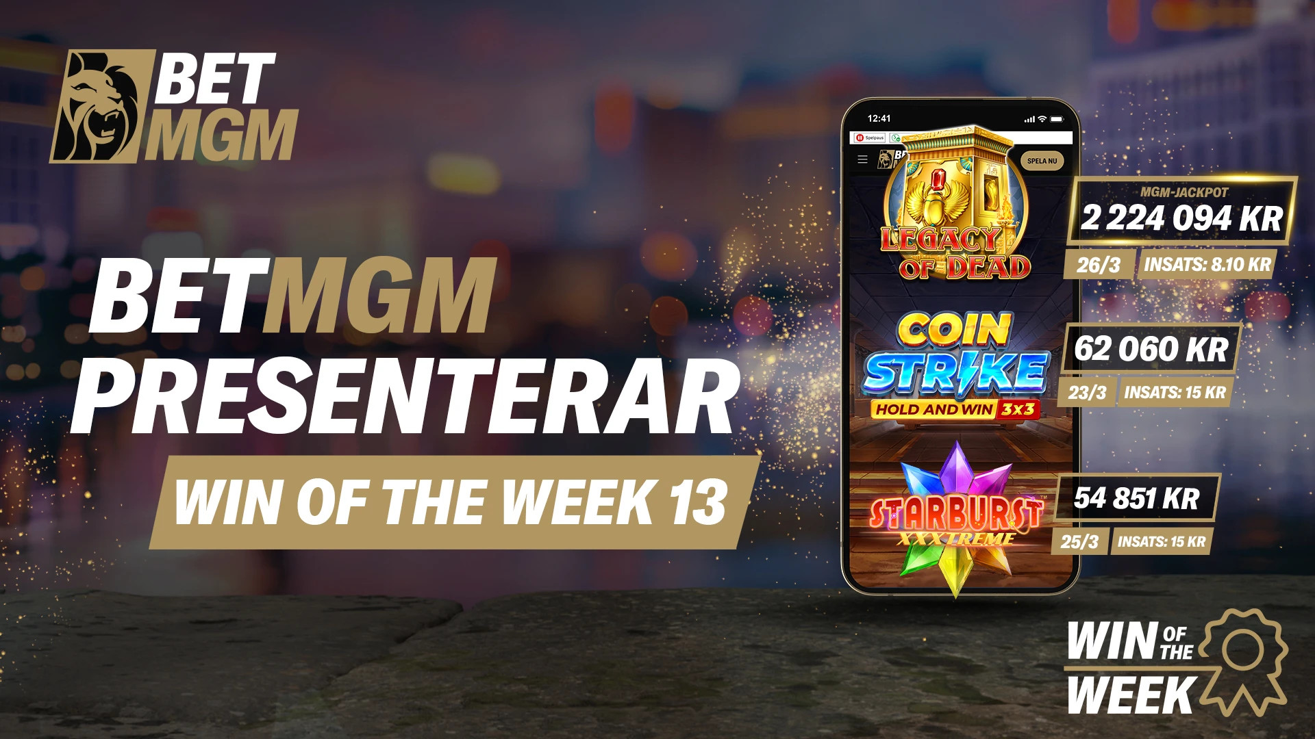Telefon med bakgrund på olika casinovinster hos BetMGM under vecka 13 2025