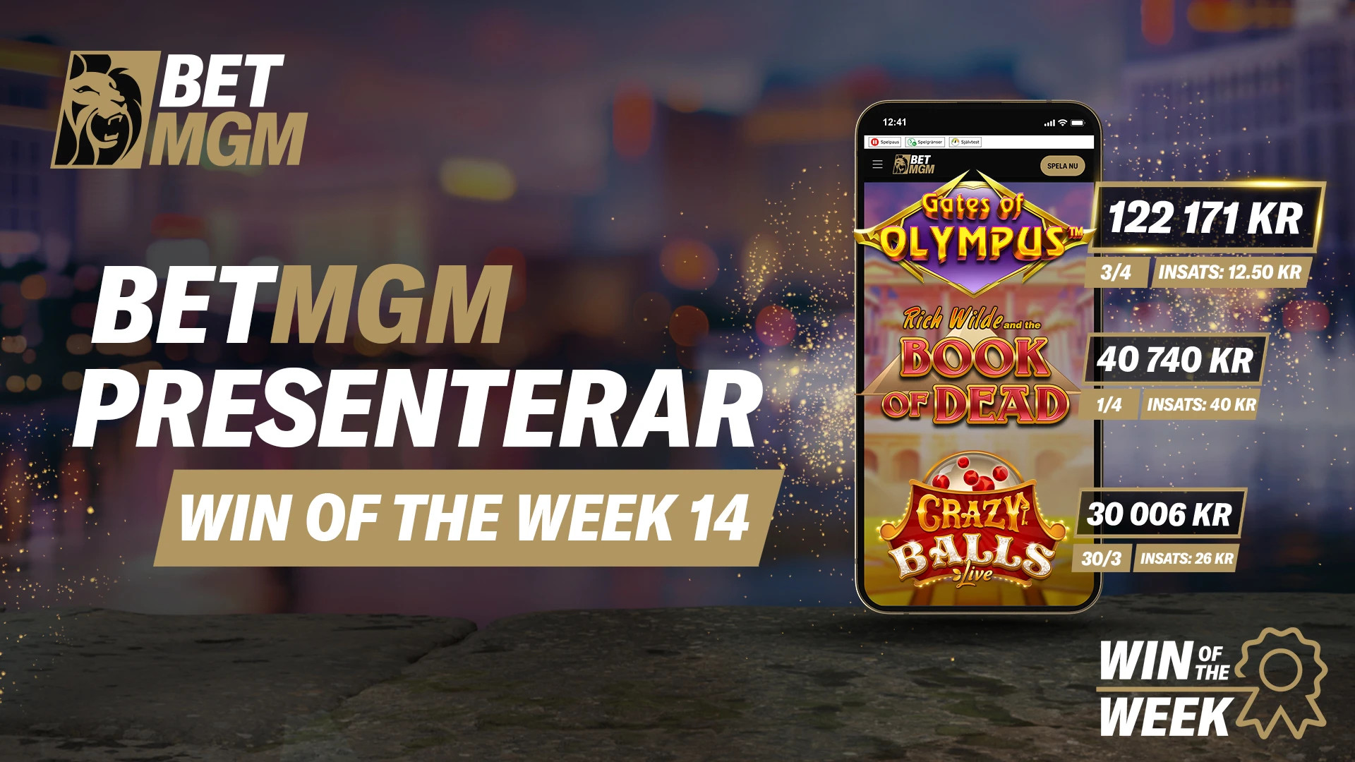 Telefon med bakgrund på olika casinovinster hos BetMGM under vecka 14 2025