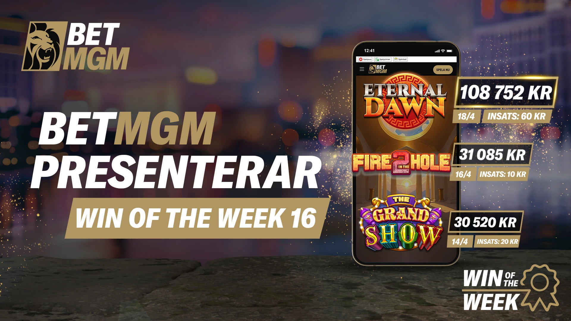 Smartphone med bakgrund på veckans casinovinnare hos BetMGM
