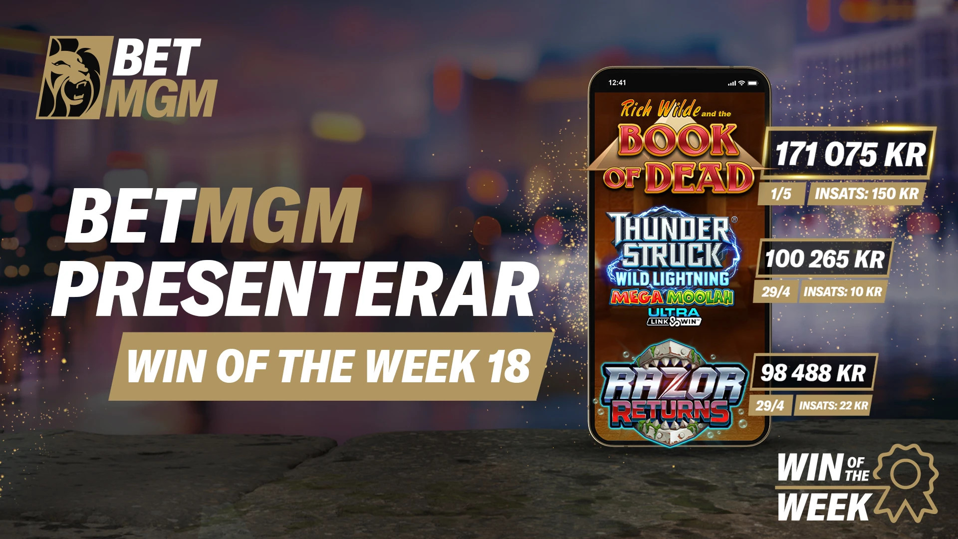 Smartphone med bakgrund på tre av veckans största casinovinnare hos BetMGM