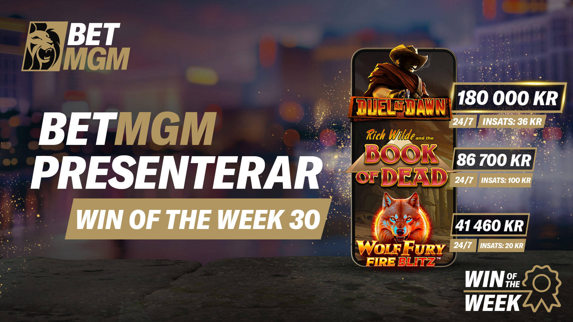 BetMGM presenterar Win of the Week 30 med spel som Duel at Dawn, Book of Dead och Wolf Fury Fire Blitz.