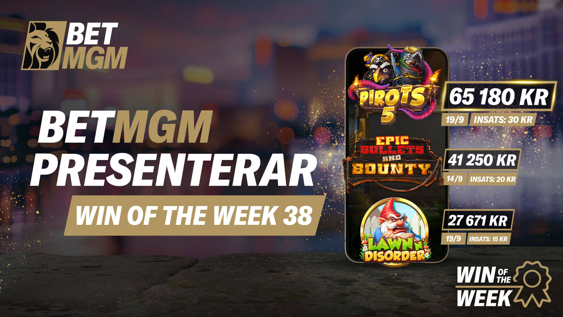 Win of the Week hos BetMGM: 65 180 kr i Pirots 5, 41 250 kr i Epic Bullets and Bounty och 27 671 kr i Lawn n' Complete Disorder.
