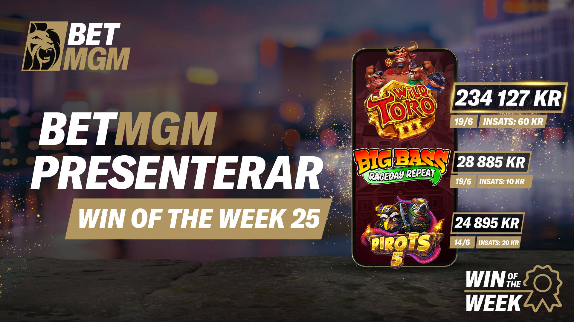 BetMGM presenterar Veckans vinst 25, med toppvinster från spel som Wild Toro III, Big Bass Raceday Repeat och Pirots 5.