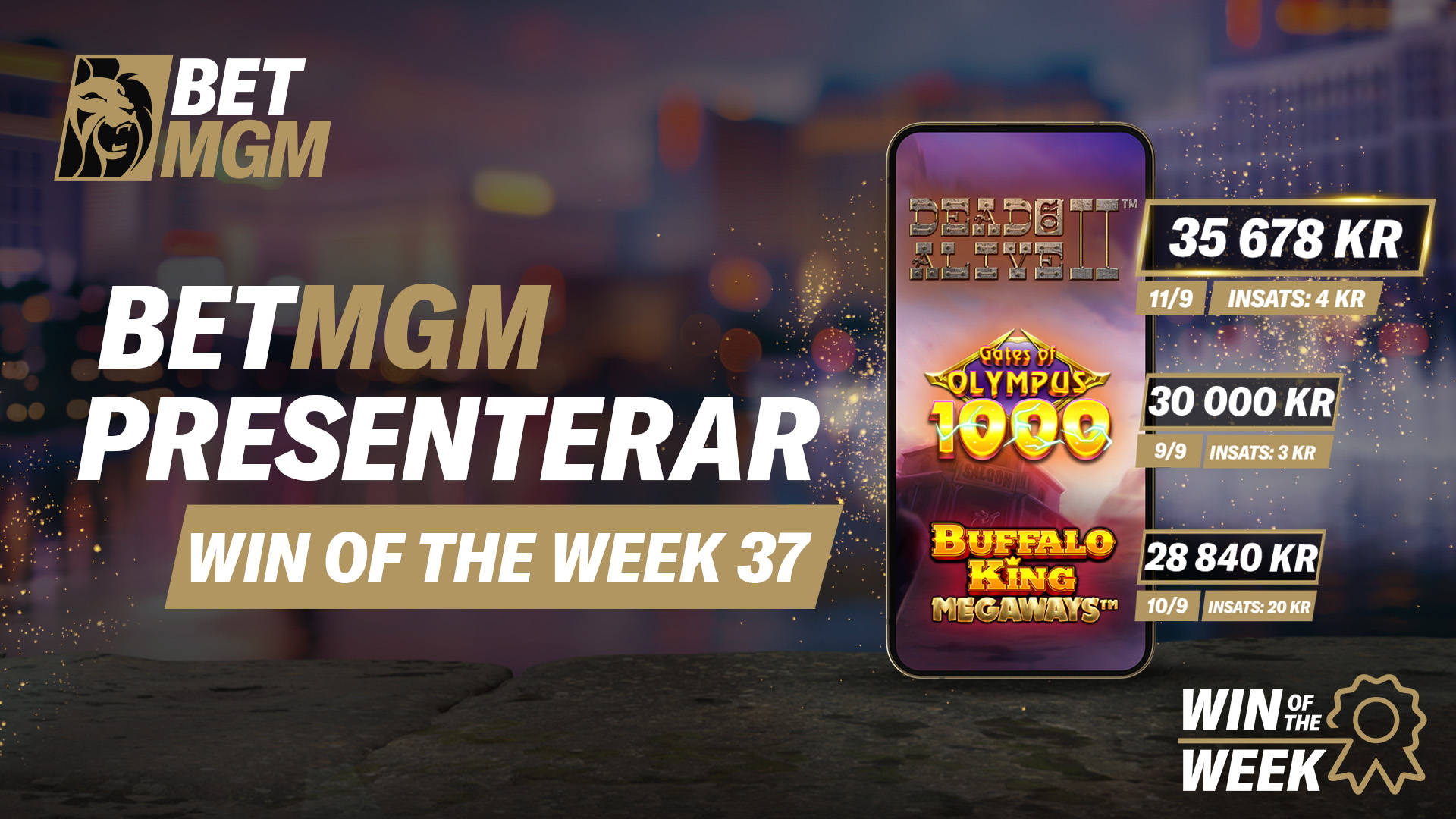 Win of the Week hos BetMGM – toppvinster i Dead or Alive 2, Gates of Olympus 1000 och Buffalo King Megaways.