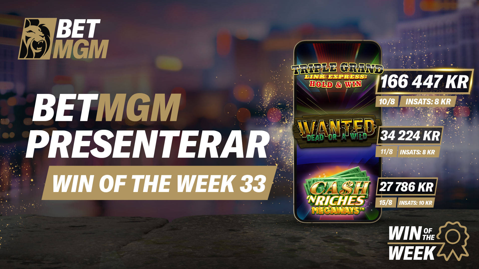 BetMGM presenterar WIN OF THE WEEK – VECKA 33 med spel på mobiltelefon.