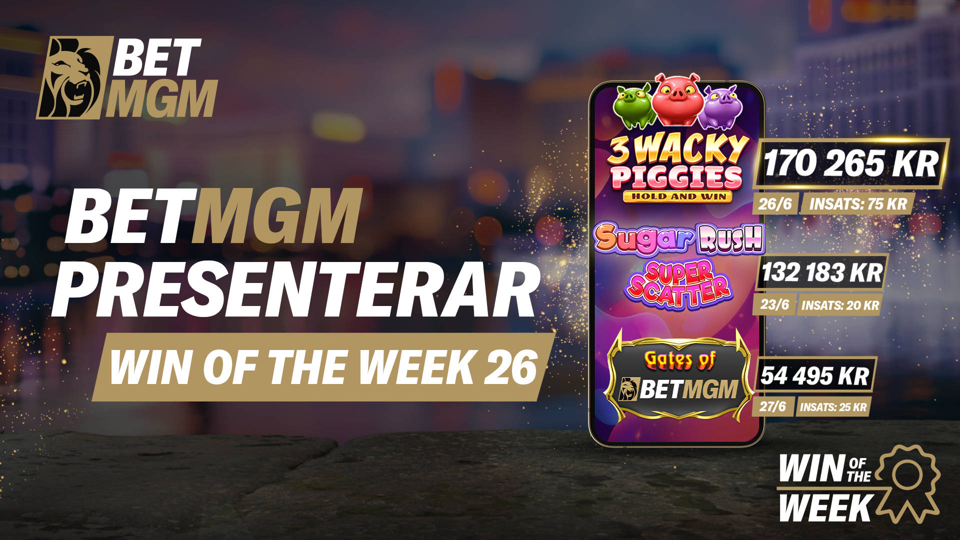 BETMGM presenterar Win of the Week 26, visar toppvinster på 170 265 KR, 132 183 KR och 54 495 KR från olika spel.